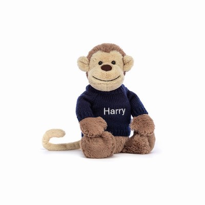 Jellycat Bashful Monkey with Navy Jumper UK | 21496WMVC